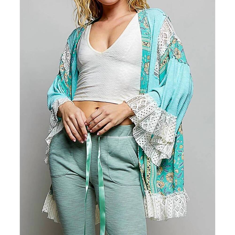 NEW POL ruffle sleeve open relaxed fit cardigan in aqua - Picture 5 of 6